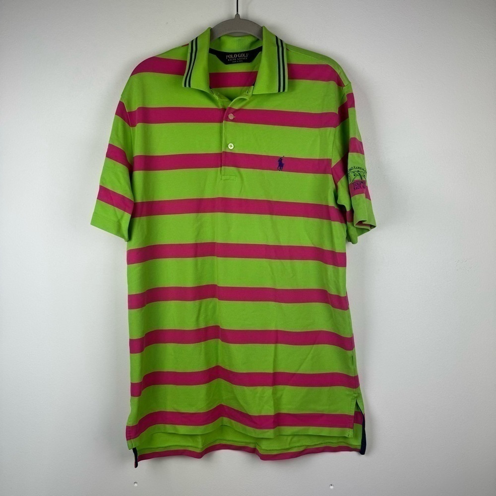 Ralph Lauren Polo Golf Bright Green and Pink Striped Polo, Size Medium
